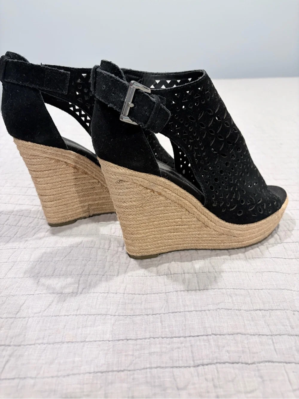 Marc Fisher Black Suede Laser-Cut Espadrille Wedge Sandals